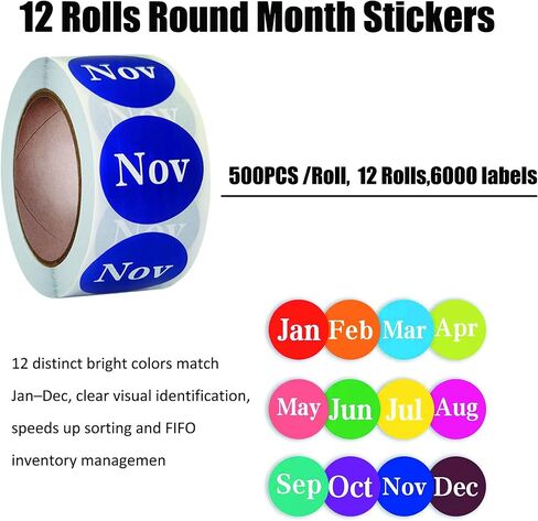 12 Rolls 6000 Labels Round Month Stickers-1 Inch Color Coded Monthly Adhesive Labels for Inventory Management and Organization, 500 Pieces Per Roll in Saudi Arabia