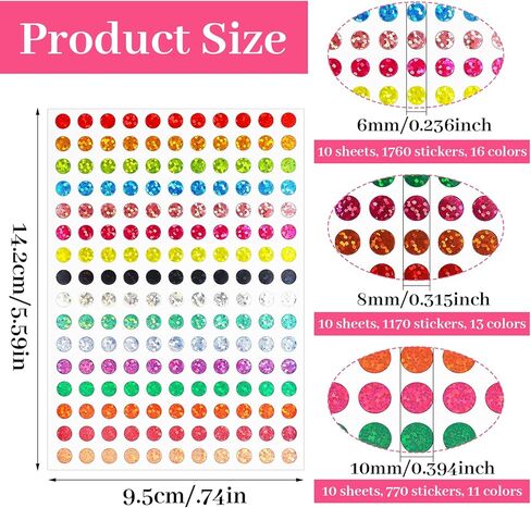 TIESOME 3700 Sheets of Colored Dot Stickers, Colored Laser Shiny Coding Labels, Small Round Stickers, 6/8/10mm Self-Adhesive Shiny Dot Labels for Office, Classroom, Teacher, Student in Kuwait
