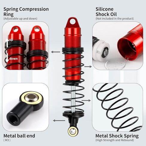 4PCS RC Car CNC Aluminum Shocks Front & Rear Threaded Shock Absorber Damper Assembled Set Compatible with 1/16 LOSI Mini-B Buggy Upgrades Parts Accessories (Red) in Kuwait