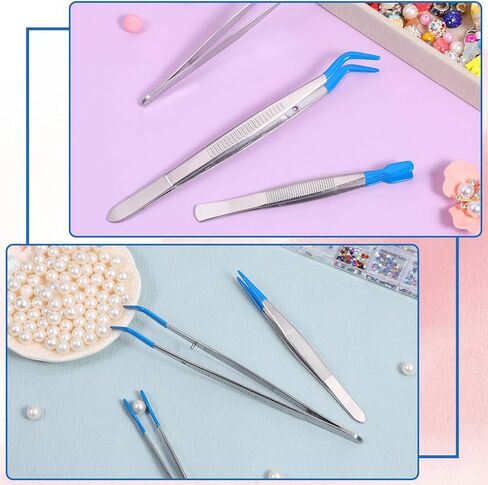 Fibraze 3 قطع ملاقط مطاطية، مجموعة مطلية بالبولي فينيل كلوريد ملاقط طويلة للحرف اليدوية، طرف مسطح مستقيم، ملقط طويل منحني لصناعة الطوابع والخرز والمجوهرات باللون الأزرق in Kuwait