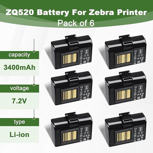 6 Pack for Zebra ZQ520 ZQ620 Battery Replacement - for Zebra Printer ZQ620 ZQ520 ZQ510 QLN320 QLN220 QLN220HC QLN320HC ZQ500 ZQ521 ZR628 ZR638 ZQ610 ZR658 ZR668 Upgrade Battery Lithium Ion 3400mAh in Kuwait