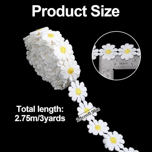 3 Yards Daisy Lace Trim Ribbon DIY Daisy Flower Embroidered Ribbon Roll Sun Flower DIY Ribbons Lace Sewing Embroidery Crafts for Bouquet Packaging Wrapping Wedding Dress Hair Band Clothes Decorations in Kuwait
