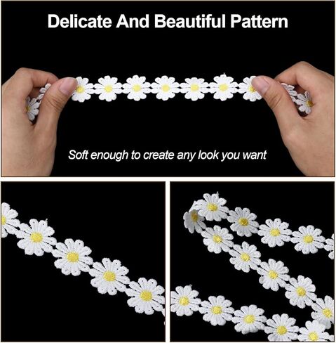3 Yards Daisy Lace Trim Ribbon DIY Daisy Flower Embroidered Ribbon Roll Sun Flower DIY Ribbons Lace Sewing Embroidery Crafts for Bouquet Packaging Wrapping Wedding Dress Hair Band Clothes Decorations in Kuwait