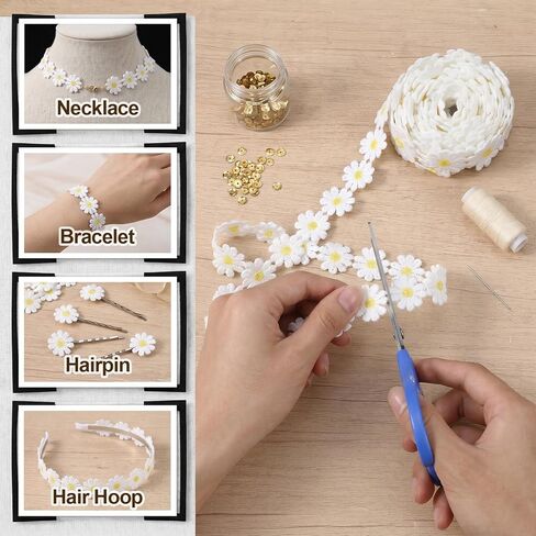 3 Yards Daisy Lace Trim Ribbon DIY Daisy Flower Embroidered Ribbon Roll Sun Flower DIY Ribbons Lace Sewing Embroidery Crafts for Bouquet Packaging Wrapping Wedding Dress Hair Band Clothes Decorations in Kuwait