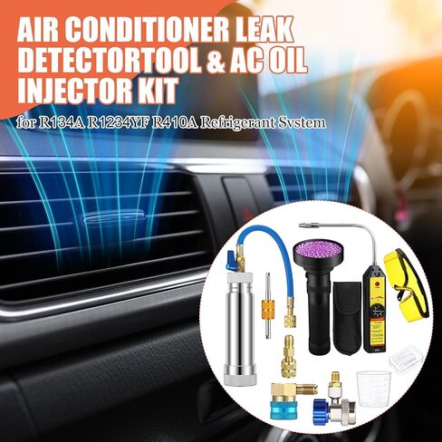 Tellegloww AC طقم كاشف التسرب لـ R1234yf R134a R410a Ac Oil UV Dye Injector Kit، أداة كشف تسرب المبردات، أداة كشف تسرب الجانب المنخفض، قارنة توصيل سريعة، مصباح يدوي صغير مع نظارات واقية in Kuwait