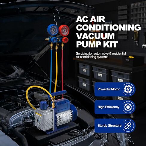 4CFM 1/3 HP Single Stage Rotary Vane AC Air Conditioning Vacuum Pump Kit with Manifold Gauge Set Hoses and Leak Dectactor for HVAC Automotive and Household Refrigeration Systems in Saudi Arabia