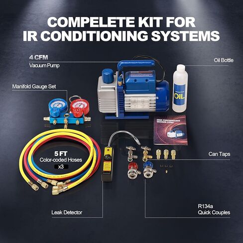 4CFM 1/3 HP Single Stage Rotary Vane AC Air Conditioning Vacuum Pump Kit with Manifold Gauge Set Hoses and Leak Dectactor for HVAC Automotive and Household Refrigeration Systems in Saudi Arabia