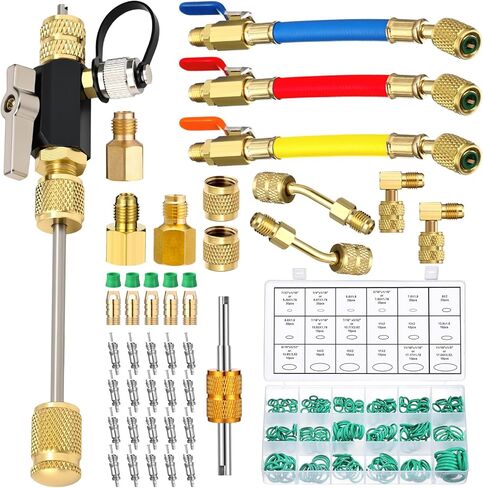 Tujoe R410A Valve Core Remover Tool Kit HVAC AC Refrigerant Angled Compact Ball Valve with Hose, R410A/R32 Brass Adapter, Brass Nut, Thimble, Compatible with SAE 1/4 & 5/16 Ports in Kuwait