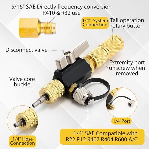 Tujoe R410A Valve Core Remover Tool Kit HVAC AC Refrigerant Angled Compact Ball Valve with Hose, R410A/R32 Brass Adapter, Brass Nut, Thimble, Compatible with SAE 1/4 & 5/16 Ports in Kuwait