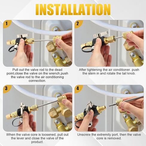 Tujoe R410A Valve Core Remover Tool Kit HVAC AC Refrigerant Angled Compact Ball Valve with Hose, R410A/R32 Brass Adapter, Brass Nut, Thimble, Compatible with SAE 1/4 & 5/16 Ports in Kuwait