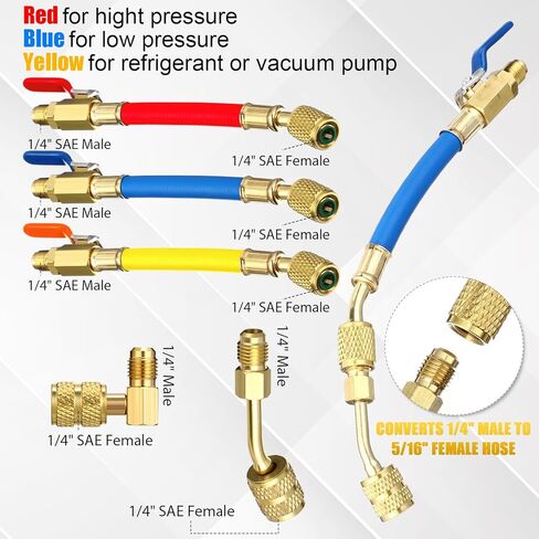 Tujoe R410A Valve Core Remover Tool Kit HVAC AC Refrigerant Angled Compact Ball Valve with Hose, R410A/R32 Brass Adapter, Brass Nut, Thimble, Compatible with SAE 1/4 & 5/16 Ports in Kuwait