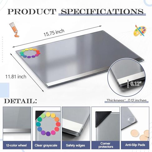 12x16 Inch Tempered Glass Paint Palette with Neutral Grey Value Scale Non Slip Pads and Corner Guards Accurate Color Mixing Surface for Acrylic Oil Watercolor Easy Clean Reusable Artist Palette Board in Saudi Arabia