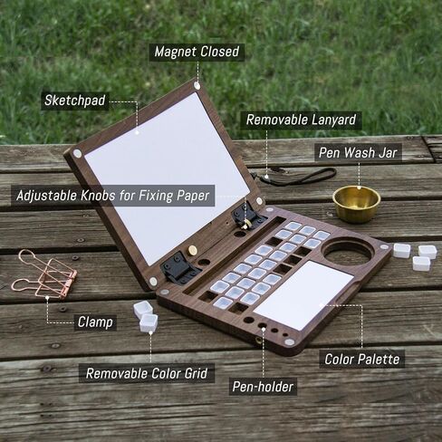 27 Grid Portable Black Walnut Wooden Watercolor Palette, Travel Paint Tray with Mixing Area & Brush Wash Canister, Detachable Grid for Multi-Paint, Brown (No Paint & Stand) in Saudi Arabia