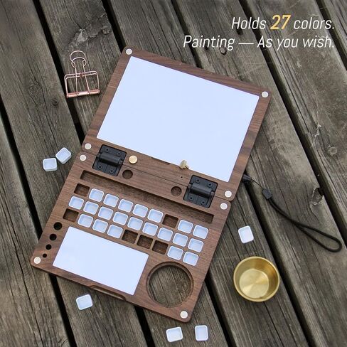 27 Grid Portable Black Walnut Wooden Watercolor Palette, Travel Paint Tray with Mixing Area & Brush Wash Canister, Detachable Grid for Multi-Paint, Brown (No Paint & Stand) in Saudi Arabia