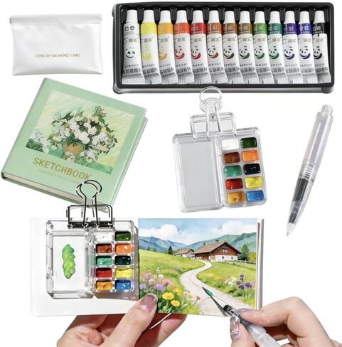 Travel Watercolor Paint Set, Mini Portable 12-Color Kit with Palette, Brush, Sketchbook & Case, Compact Art Supplies for Adults, Artists & Students in Kuwait