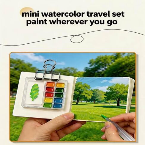Travel Watercolor Paint Set, Mini Portable 12-Color Kit with Palette, Brush, Sketchbook & Case, Compact Art Supplies for Adults, Artists & Students in Kuwait