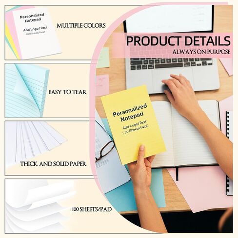 10-1000 Pads Personalized Notepads Bulk - Custom Notepad with Logo & Text 4.25"x5.5" 50 Sheets Pads for Office Business Classroom (Small(4.25''x5.5'')) in Saudi Arabia