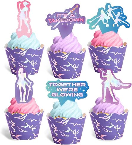 xo, Fetti Pop Star Cupcake Toppers and Wrappers - 24 Pc Set | Birthday Party Supplies, Concert Theme, Iridescent Foil, Fandom Decor, Music Party, Purple Holographic in Kuwait