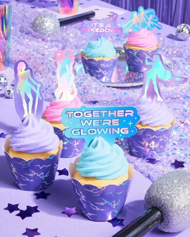xo, Fetti Pop Star Cupcake Toppers and Wrappers - 24 Pc Set | Birthday Party Supplies, Concert Theme, Iridescent Foil, Fandom Decor, Music Party, Purple Holographic in Kuwait