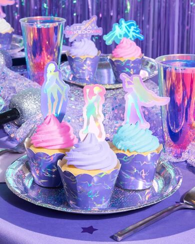 xo, Fetti Pop Star Cupcake Toppers and Wrappers - 24 Pc Set | Birthday Party Supplies, Concert Theme, Iridescent Foil, Fandom Decor, Music Party, Purple Holographic in Kuwait