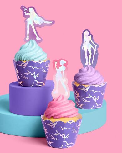 xo, Fetti Pop Star Cupcake Toppers and Wrappers - 24 Pc Set | Birthday Party Supplies, Concert Theme, Iridescent Foil, Fandom Decor, Music Party, Purple Holographic in Kuwait
