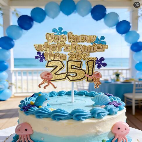 What's Funnier Than 24? 25th Birthday Cake Topper, Premium Glitter Gold Ocean Sponge Themed Decorations for Birthday Party, Funny 25th Birthday Cake Decor for Men Women in Kuwait