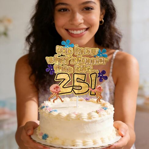 What's Funnier Than 24? 25th Birthday Cake Topper, Premium Glitter Gold Ocean Sponge Themed Decorations for Birthday Party, Funny 25th Birthday Cake Decor for Men Women in Kuwait