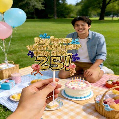 What's Funnier Than 24? 25th Birthday Cake Topper, Premium Glitter Gold Ocean Sponge Themed Decorations for Birthday Party, Funny 25th Birthday Cake Decor for Men Women in Kuwait