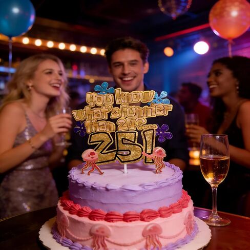 What's Funnier Than 24? 25th Birthday Cake Topper, Premium Glitter Gold Ocean Sponge Themed Decorations for Birthday Party, Funny 25th Birthday Cake Decor for Men Women in Kuwait