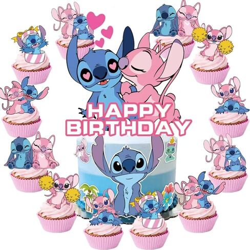 25Pcs For Stitch Movie Cake Decorations with 24pcs Cupcake Toppers, 1pcs Happy Birthday Cake Topper, Cartoon Themed Party Supplies, Perfect for Birthday Party Decorations in Saudi Arabia