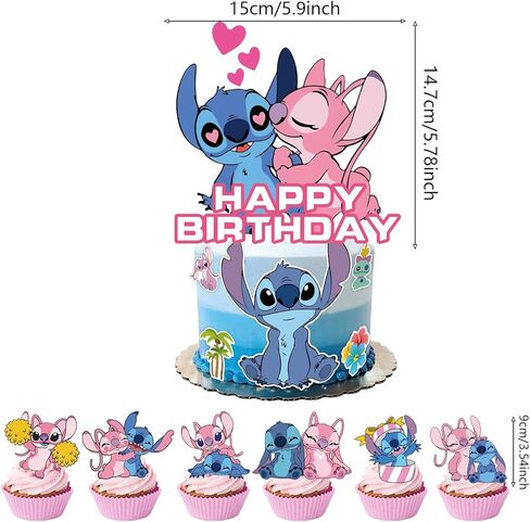 25Pcs For Stitch Movie Cake Decorations with 24pcs Cupcake Toppers, 1pcs Happy Birthday Cake Topper, Cartoon Themed Party Supplies, Perfect for Birthday Party Decorations in Saudi Arabia
