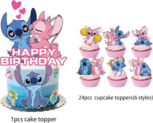 25Pcs For Stitch Movie Cake Decorations with 24pcs Cupcake Toppers, 1pcs Happy Birthday Cake Topper, Cartoon Themed Party Supplies, Perfect for Birthday Party Decorations in Saudi Arabia