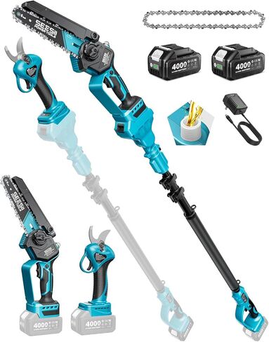 Seesii 4-in-1 Pole Saw & Pruning Shears Combo Kit, 6 Inch Mini Chainsaw for Tree Trimming, Battery Powered Chain Saw with Extension Pole, Tree Trimmer Limb Branch Cutter Pruner in Saudi Arabia