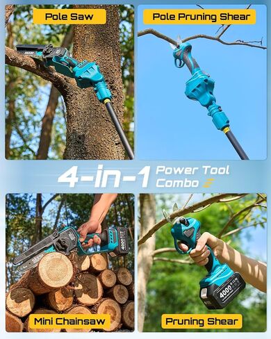 Seesii 4-in-1 Pole Saw & Pruning Shears Combo Kit, 6 Inch Mini Chainsaw for Tree Trimming, Battery Powered Chain Saw with Extension Pole, Tree Trimmer Limb Branch Cutter Pruner in Saudi Arabia