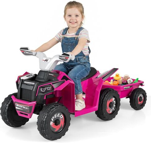 Costzon Kids ATV with Trailer, 2-in-1 6V Toddler Ride On ATV Toy with Forward/Backward/Reverse Function, 4-Wheeler Quad Electric Vehicle for Boys and Girls, Gift (with Trailer,Rose Red) in Kuwait