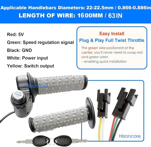 Full Twist Throttle Compatible with Ridstar Q20, True Plug and Play Taper Handles Ebike Throttle 12V-72V Wide Voltage with Key Lock, Fits E-Bike and E-Scooter in Saudi Arabia