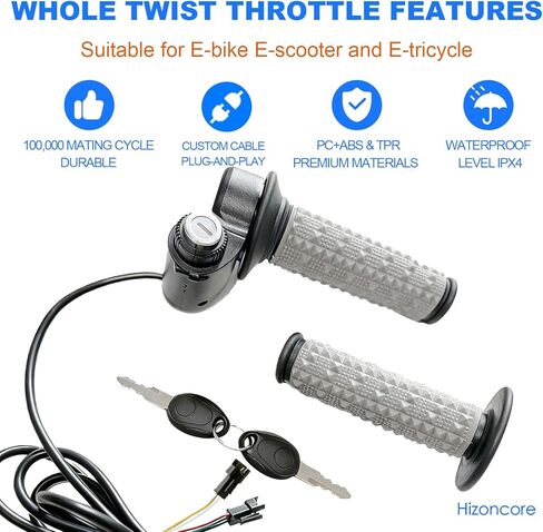 Full Twist Throttle Compatible with Ridstar Q20, True Plug and Play Taper Handles Ebike Throttle 12V-72V Wide Voltage with Key Lock, Fits E-Bike and E-Scooter in Saudi Arabia