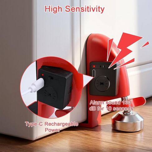 Portable Door Stopper with 130dB Alarm, Rechargeable Aluminum Alloy Door Jammer for Hotel Security, Extra Safety Device for Renters, Students & Solo Female Travel, Type-C Charging in Saudi Arabia