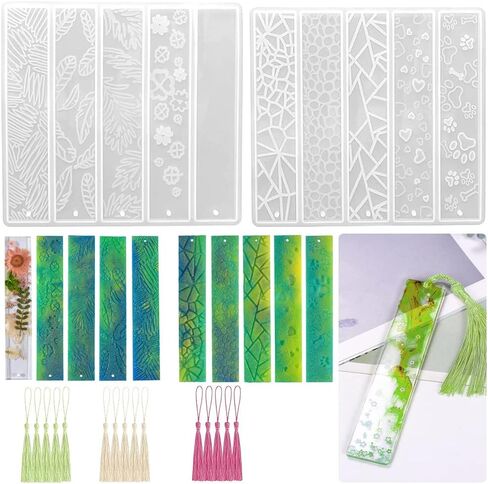 2 Pcs DIY Bookmark Resin Mold with 10 Different Design, Rectangle Silicone Bookmark Epoxy Resin Moulds with 15 Pieces Colorful Tassels for Bookmark Making Jewelry DIY Craft in Saudi Arabia