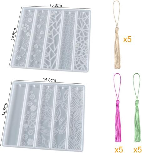 2 Pcs DIY Bookmark Resin Mold with 10 Different Design, Rectangle Silicone Bookmark Epoxy Resin Moulds with 15 Pieces Colorful Tassels for Bookmark Making Jewelry DIY Craft in Saudi Arabia