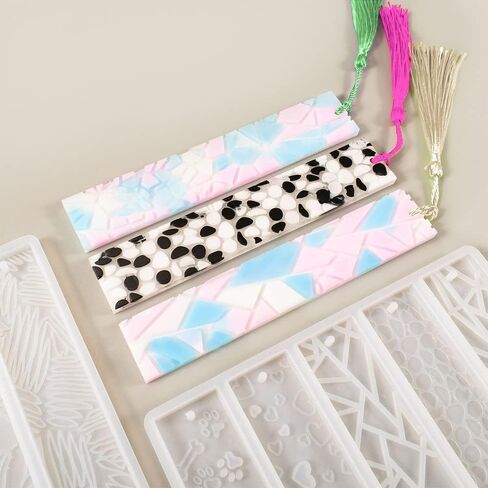 2 Pcs DIY Bookmark Resin Mold with 10 Different Design, Rectangle Silicone Bookmark Epoxy Resin Moulds with 15 Pieces Colorful Tassels for Bookmark Making Jewelry DIY Craft in Saudi Arabia