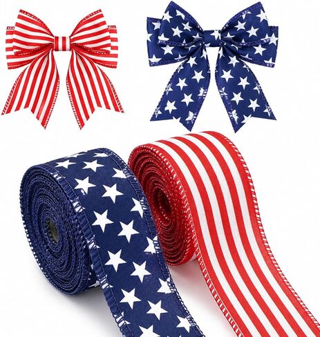 KINGLAKE 250th Anniversary Patriotic Wired Ribbon - 1-1/2 Inch x 22 Yds Red White and Blue Striped Burlap Ribbon 4th of July Ribbons for Wreaths Crafts Independence Day Memorial Day Veterans Day Decor in Kuwait