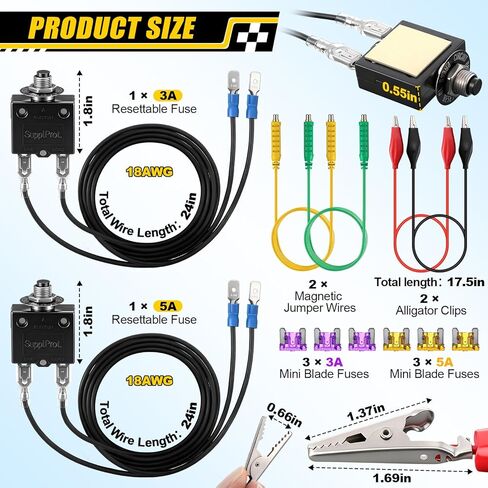 HVAC Fuse Popper 3A & 5A Resettable Fuse Kit, Circuit Breaker Tester, HVAC Tester with Magnetic Jumper Wires, 24V AC/DC 125/250V AC, Alligator Clips & 6 Mini Blade Fuses in Kuwait