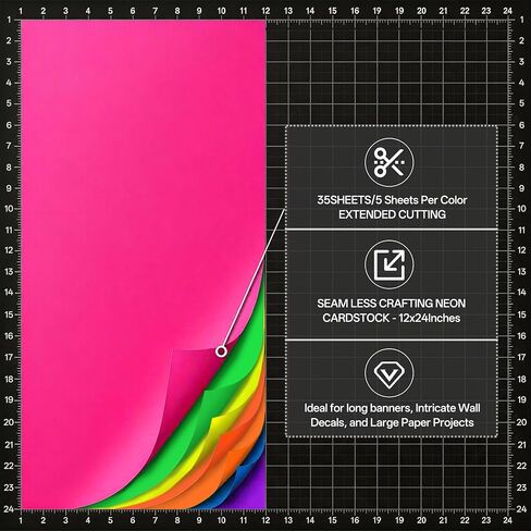 Colored Large Cardstock 12x24 In 35 Sheets Assorted Neon 7 Color Paper Bright Fluorescent Color Heavyweight Paper 180GSM/65lb Suitable for Extended Cutting,Ships Flat - No Creases in Saudi Arabia