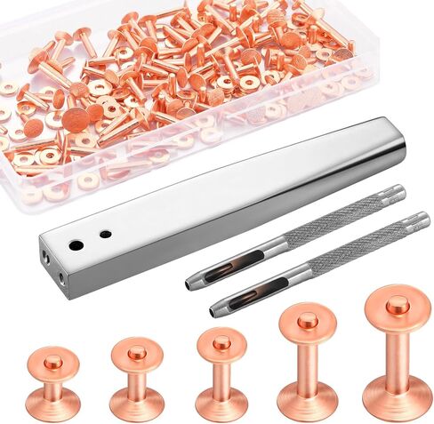 Otoolling 100 مجموعة من المسامير النحاسية والأزيز مجموعة متنوعة من المسامير الجلدية، أداة تثبيت تثبيت نحاسية مع مجموعة أدوات قطع الثقب للأحزمة وحقائب اليد والمحافظ والياقات والأحذية in Kuwait