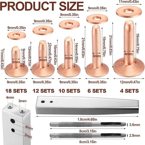 Otoolling 100 مجموعة من المسامير النحاسية والأزيز مجموعة متنوعة من المسامير الجلدية، أداة تثبيت تثبيت نحاسية مع مجموعة أدوات قطع الثقب للأحزمة وحقائب اليد والمحافظ والياقات والأحذية in Kuwait