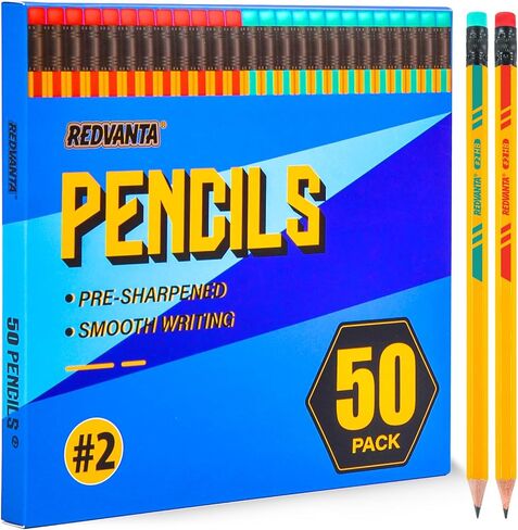 #2 HB Pencils, 50 Count Pre-Sharpened Yellow Wood Pencils Bulk Pack with Erasers, Break Resistant Lead, Smooth Writing for School, Classroom, Teacher & Office Supplies in Saudi Arabia