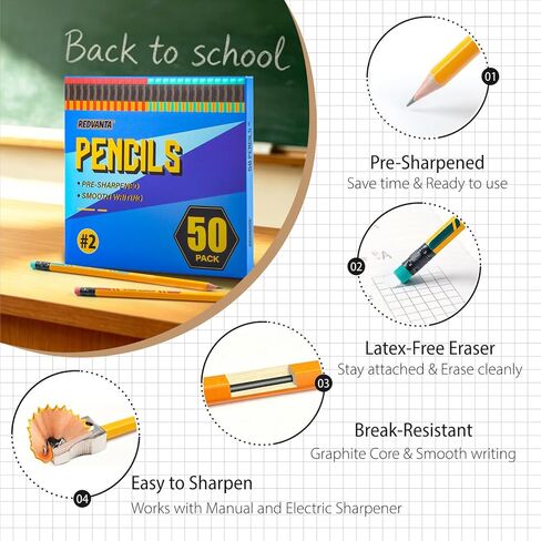 #2 HB Pencils, 50 Count Pre-Sharpened Yellow Wood Pencils Bulk Pack with Erasers, Break Resistant Lead, Smooth Writing for School, Classroom, Teacher & Office Supplies in Saudi Arabia