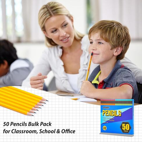 #2 HB Pencils, 50 Count Pre-Sharpened Yellow Wood Pencils Bulk Pack with Erasers, Break Resistant Lead, Smooth Writing for School, Classroom, Teacher & Office Supplies in Saudi Arabia