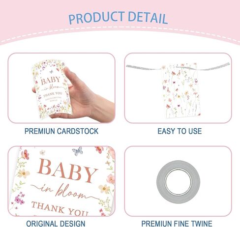 Baby in Bloom Thank You Tags, Wildflower Baby Shower Paper Gift Tag for Girl, Little Wildflower Thank You Gift Labels with String for 1st Birthday/Gender Reveal Party Decoration in Saudi Arabia